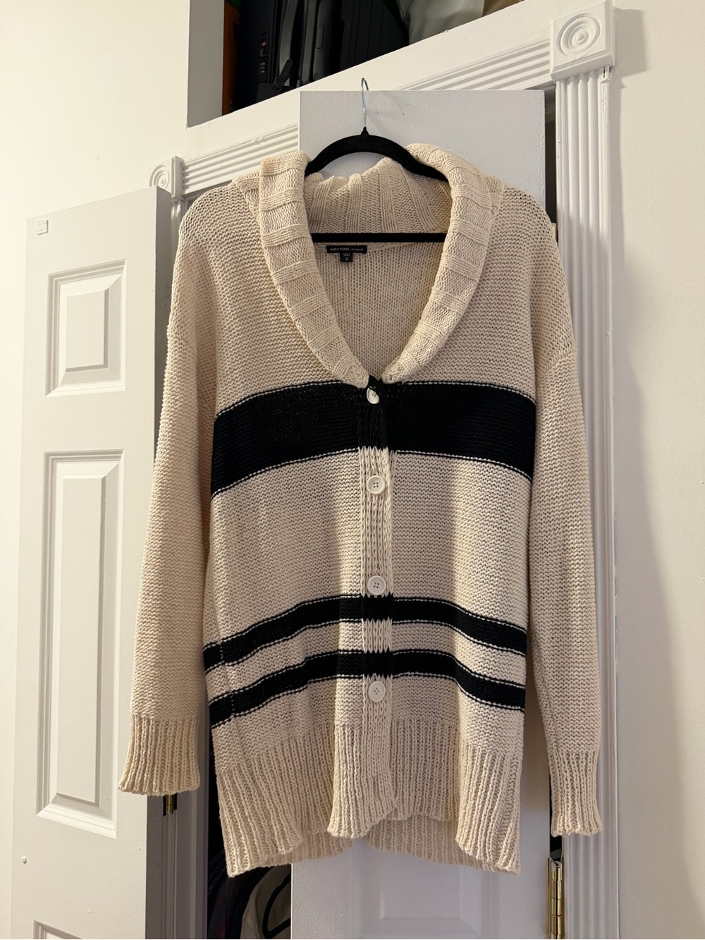 James Perse Beige and Black Striped Shawl Collar Cardigan Sweater
